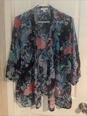 Charlotte Russe Black Floral Sheer Kimono with Multicolor Blooms